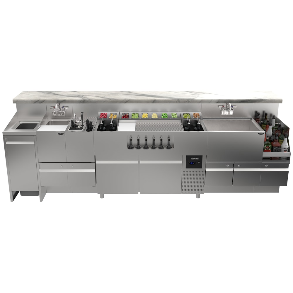Krowne AL24-AL122-R 122" Alchemy Series Cocktail Station w/ Trash Chute, Dump Sink, Tool Caddy, Liquor Display & Ice Bin