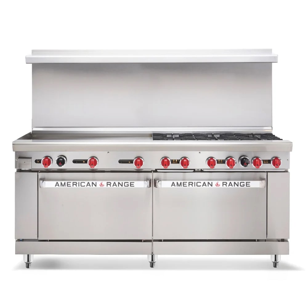 American Range AR-8B-24RG 72" 8 Burner Gas Range w/ Griddle/Broiler & (2) Standard Ovens, Natural Gas