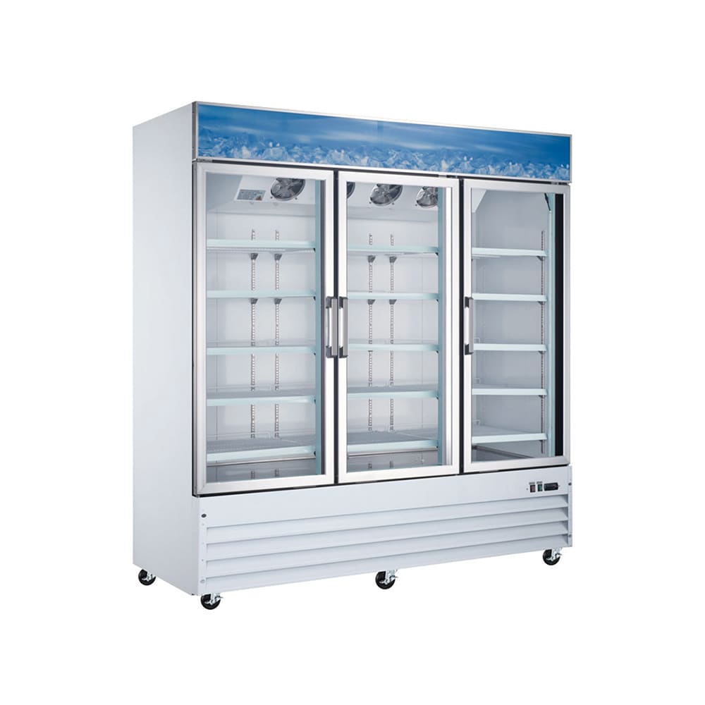 Omcan 78 1/4" Three Section Glass Door Merchandiser - (3) Left/Right Hinge Doors, White, 110v (50052)