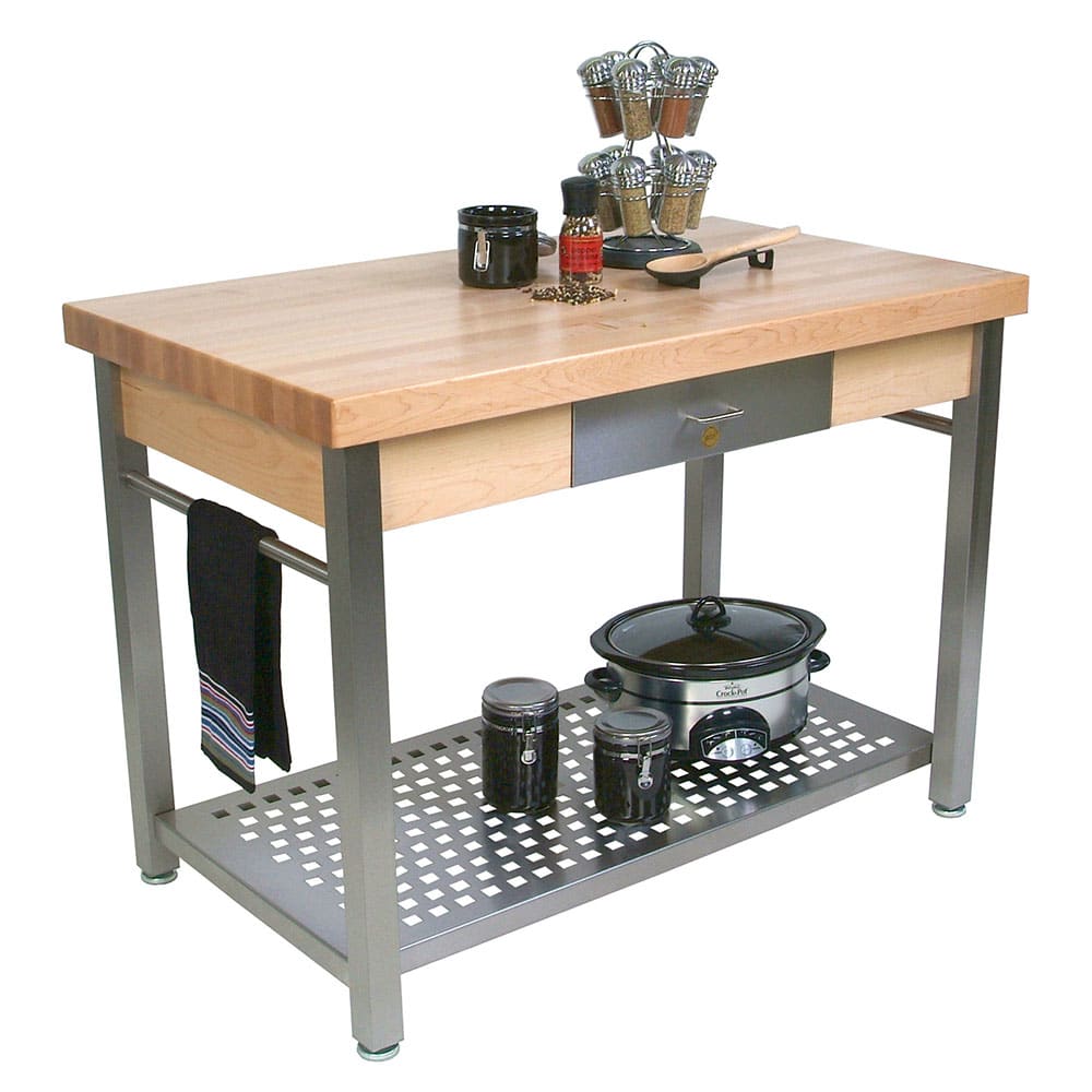 John Boos CUCG20 Cucina Grande, Work Table, 2 1/4" Maple Top, Varnique Finish, Stainless Base, 48 x 28