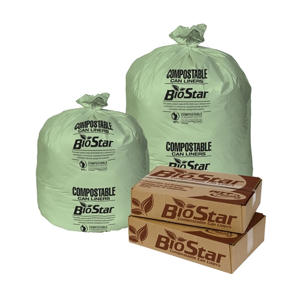 Pitt Plastics 33 gal Biostar Trash Can Liner Bags - 39"L x 33"W, LDPE, Green (BS33G)