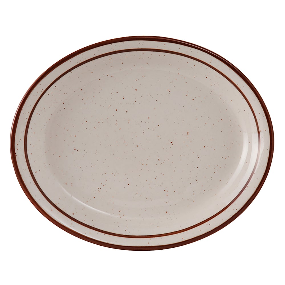 Tuxton TBS-014 13 1/4" x 10 1/2" Oval Bahamas Platter - Ceramic, American White/Eggshell w/ Brown Speckle