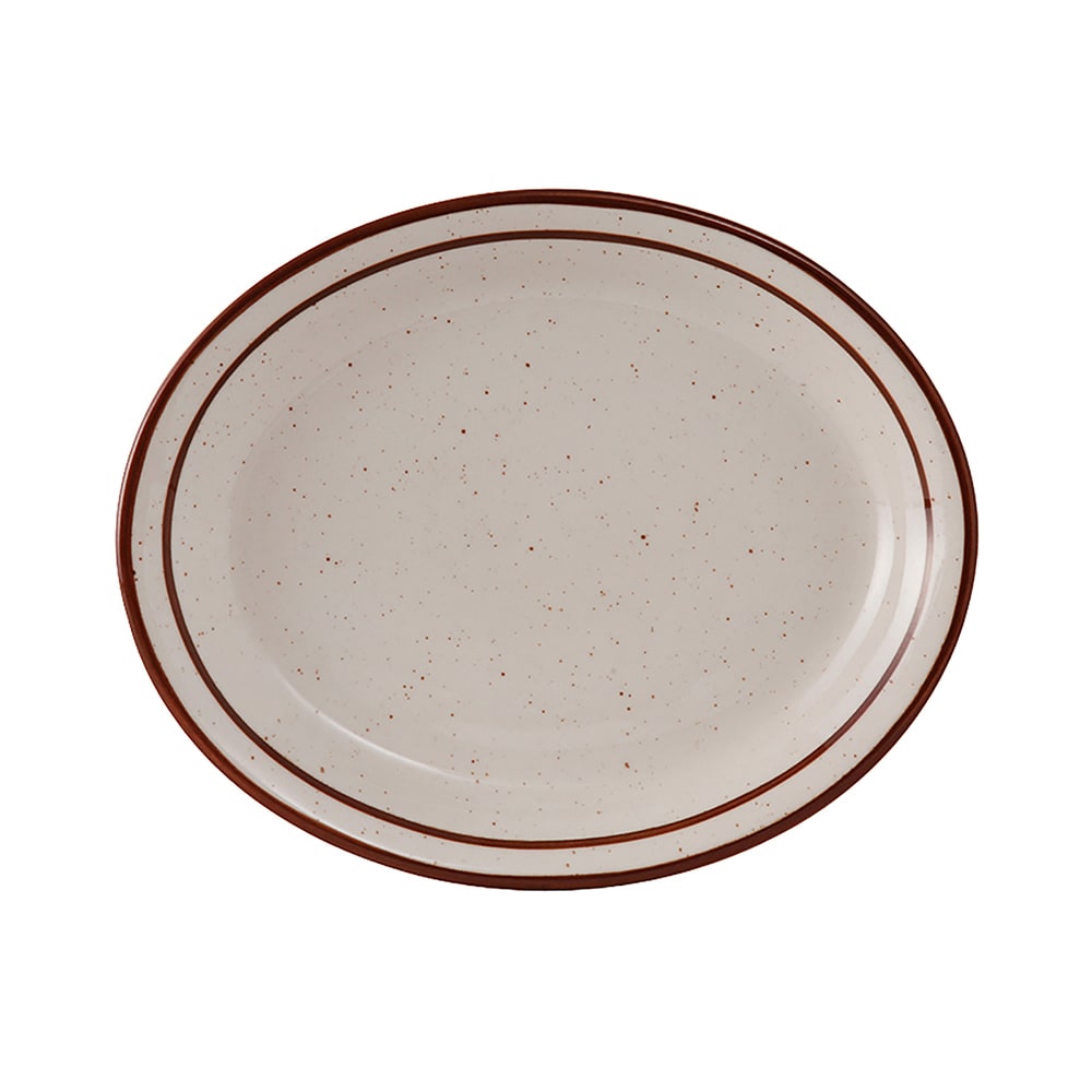 Tuxton TBS-041 8 1/2" x 6 7/8" Oval Bahamas Platter - Ceramic, American White/Eggshell w/ Brown Speckle