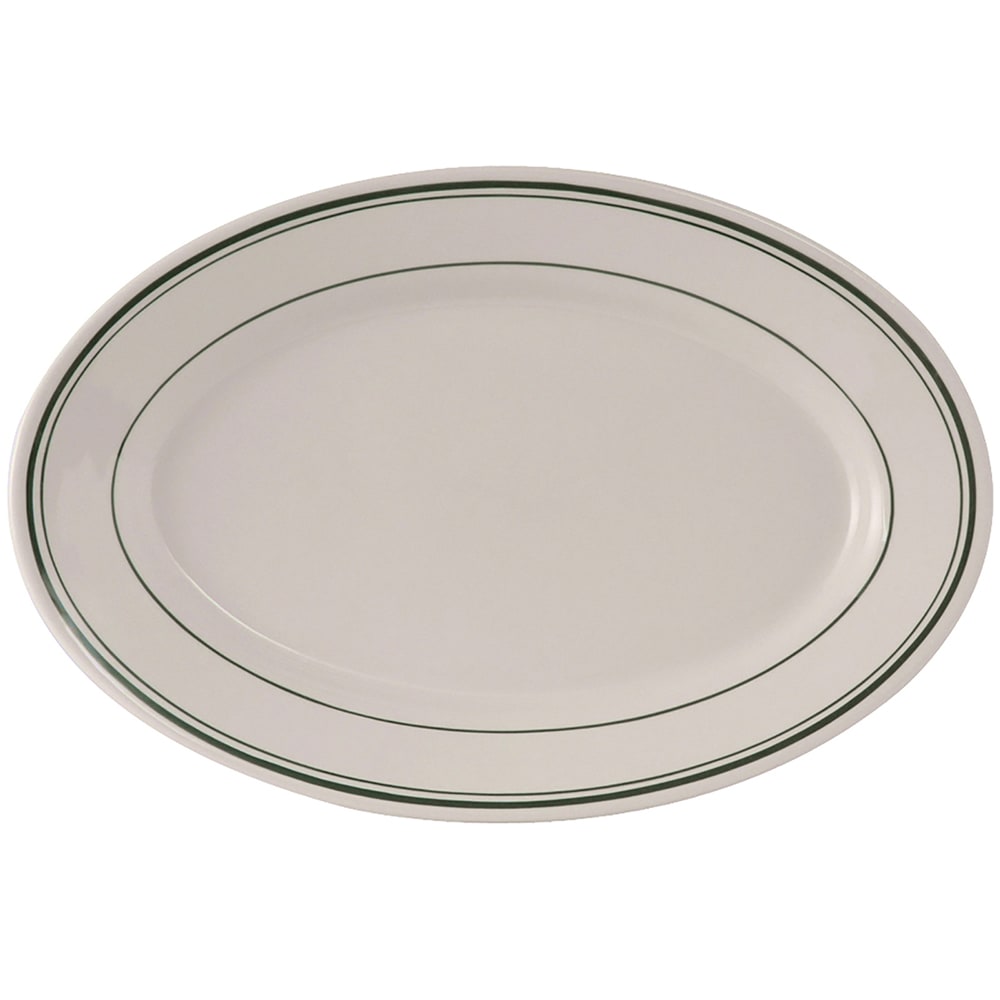 Tuxton TGB-013 11 5/8" x 8" Oval Green Bay Platter - Ceramic, American White/Eggshell w/ Green Band