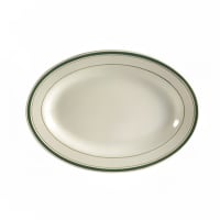 Tuxton TGB-014 12 5/8" x 8 3/4" Oval Green Bay Platter - Ceramic, American White/Eggshell w/ Green Band thumbnail 2