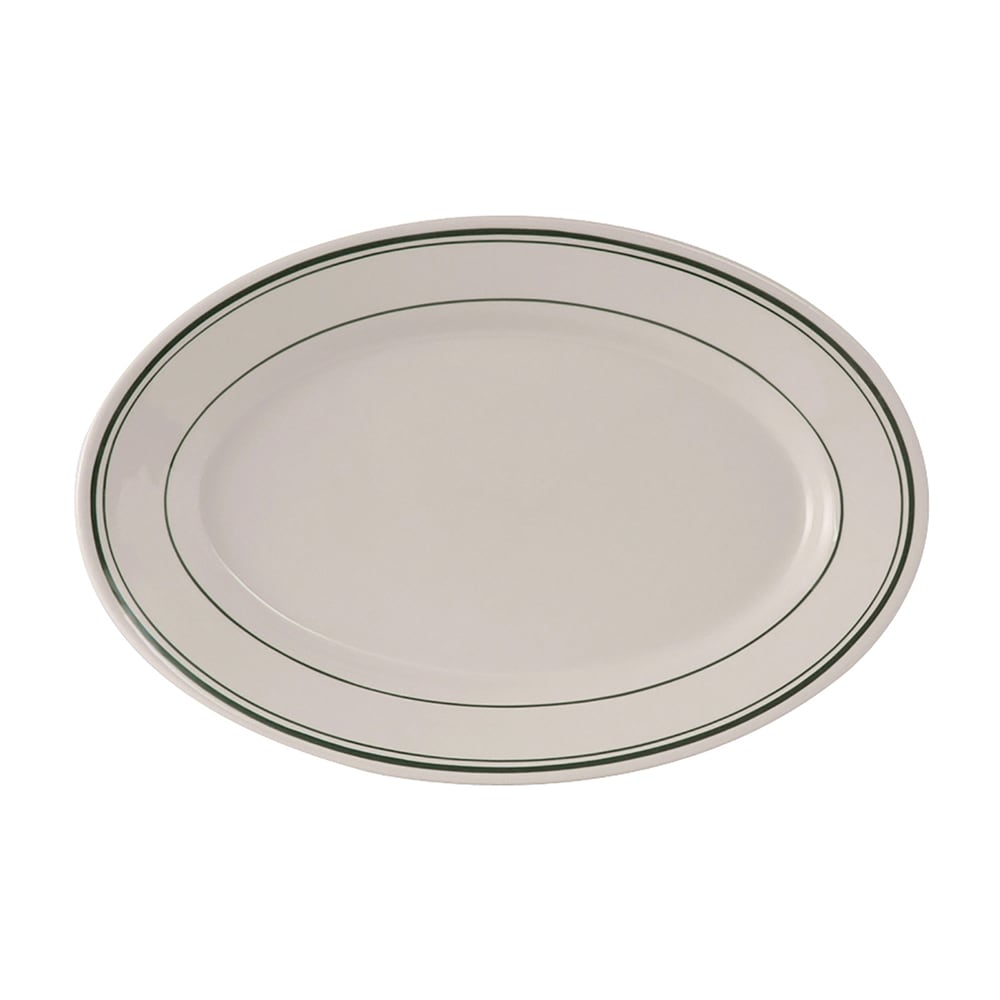 Tuxton TGB-034 9 3/8" x 6 1/2" Oval Green Bay Platter - Ceramic, American White/Eggshell w/ Green Band