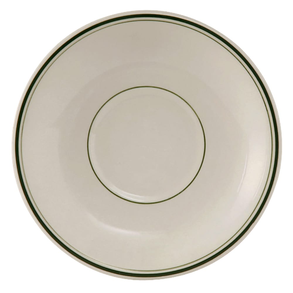 Tuxton TGB-036 5" Round Green Bay Espresso Saucer - Ceramic, American White/Eggshell w/ Green Band