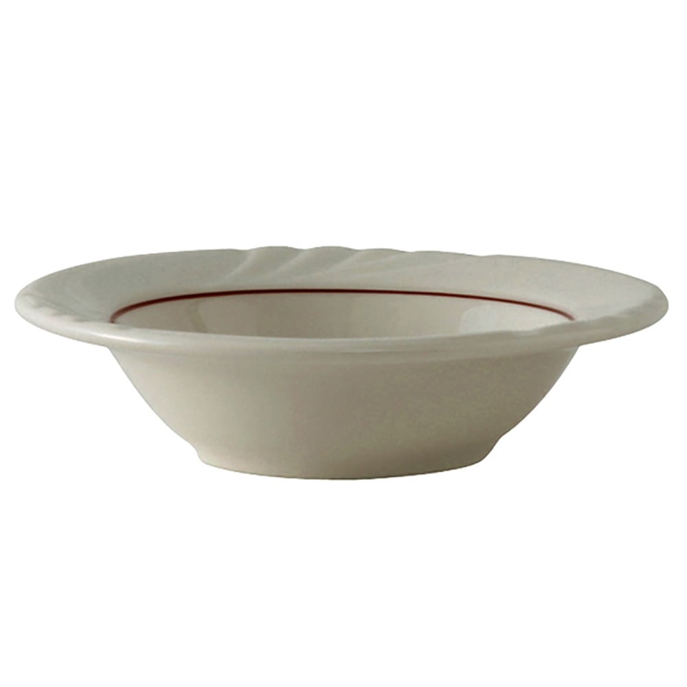 Tuxton YBD-052 3 1/2 oz Round Monterey Fruit Dish - Ceramic, Eggshell w/ Berry Band