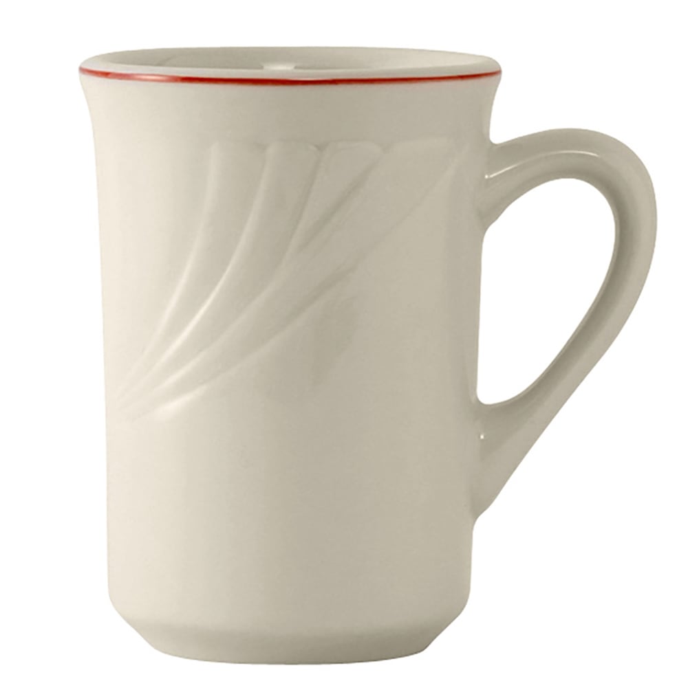Tuxton YBM-080 7 1/2 oz Monterey Mug - Ceramic, Eggshell w/ Berry Band