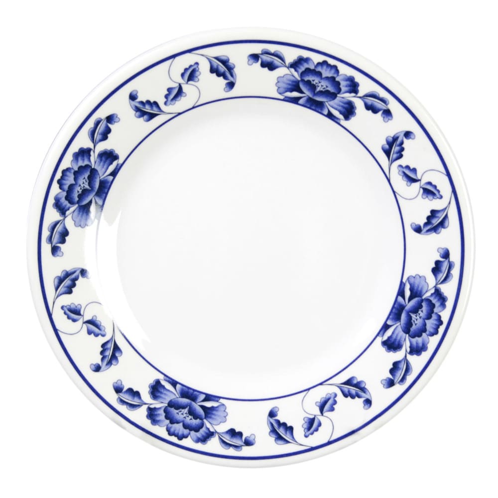 Thunder Group 1010TB 10 3/8" Round Lotus Plate - Melamine, White/Blue