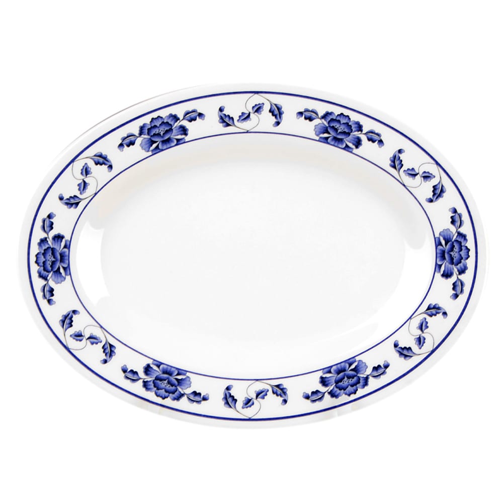 Thunder Group 2008TB 8" x 6" Oval Lotus Platter - Melamine, White/Blue