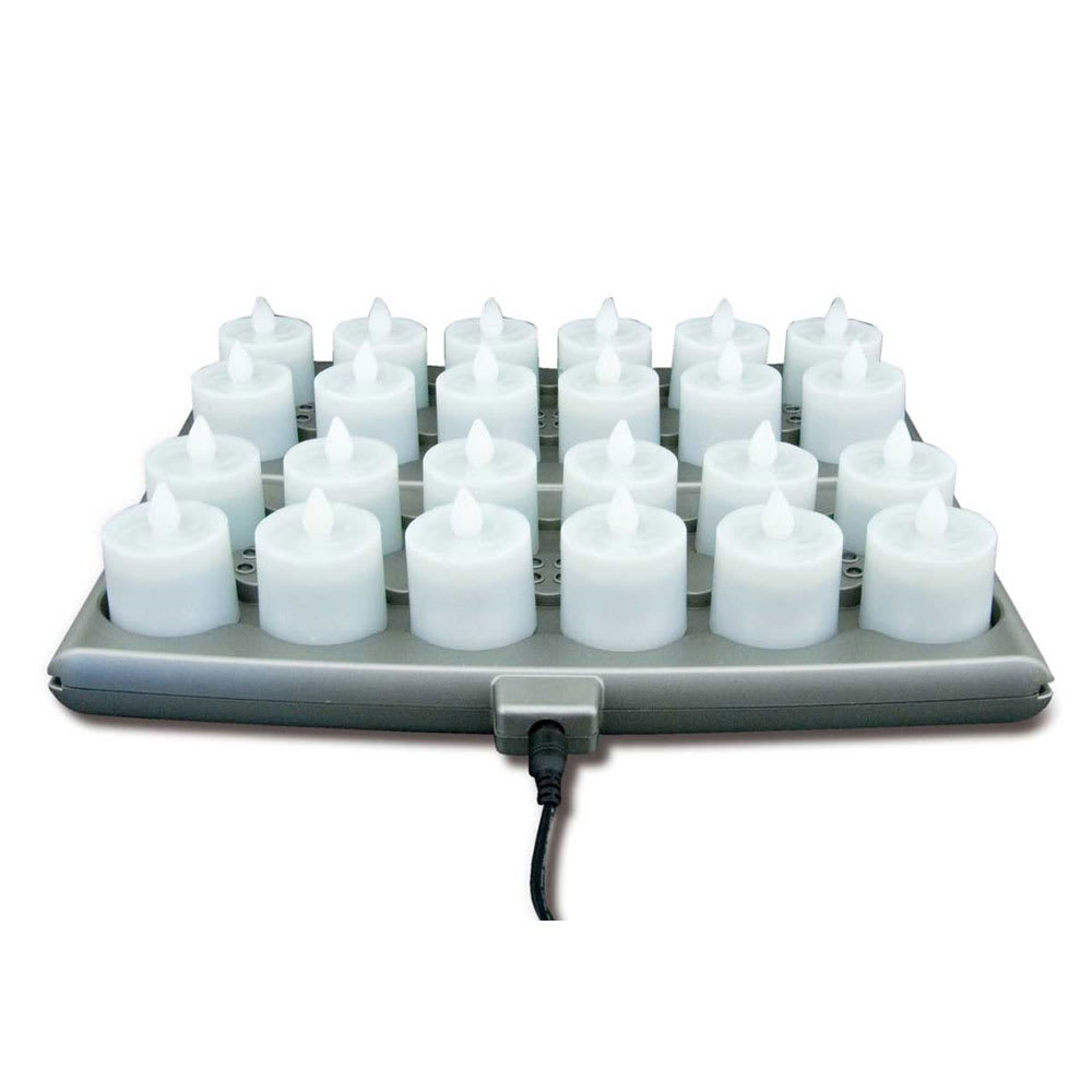 Hollowick HFRP24-A 1 1/2" Round LED Flameless Votive Candles Set w/ Charging Tray - 2 3/10" H, Amber Flame