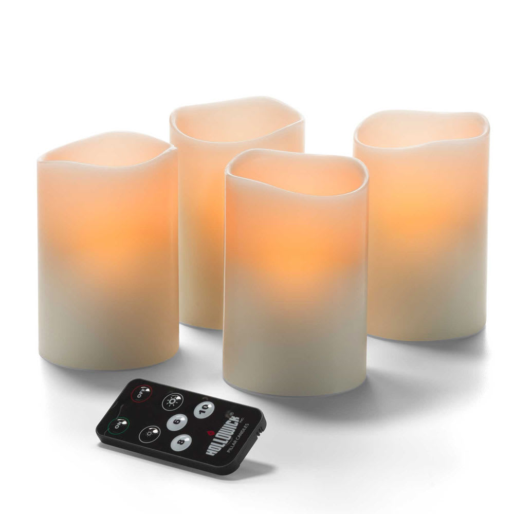 Hollowick HFWP34RT-A 3" Round LED Flameless Pillar Candle w/ Remote Control - 4 1/2"H, Amber Flame