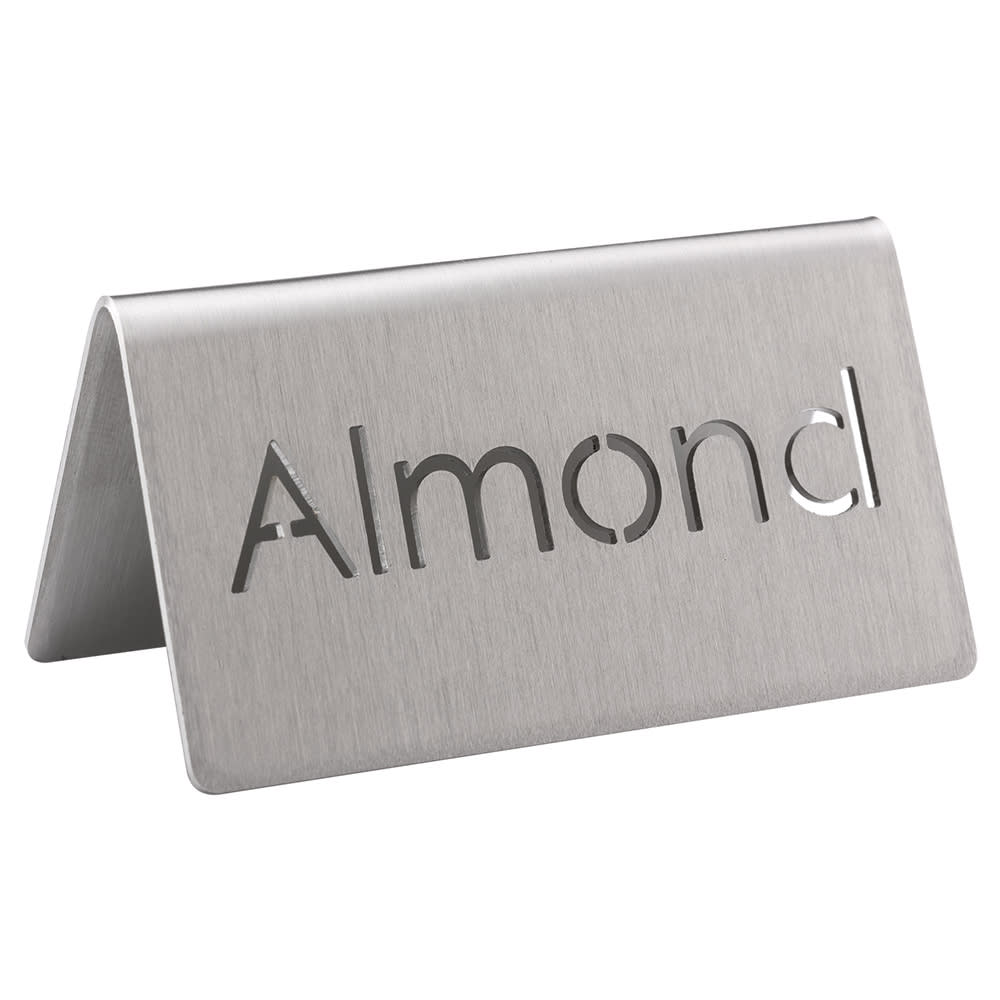 Service Ideas Almond Beverage Table Tent Sign - 3"W x 1 1/2"H, Brushed Stainless (1C-BF-ALMOND-MOD)