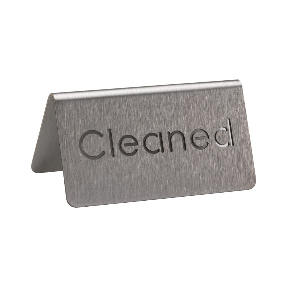 Service Ideas "Cleaned" Table Tent Sign - 3"W x 1 1/2"H, Brushed Stainless (1C-BF-CLEANED-MOD)