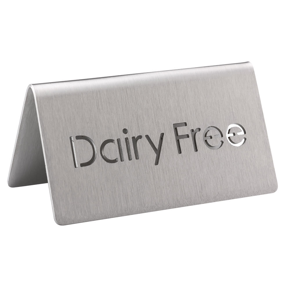 Service Ideas Dairy Free Beverage Table Tent Sign - 3"W x 1 1/2"H, Brushed Stainless (1C-BF-DAIRYFREE-MOD)