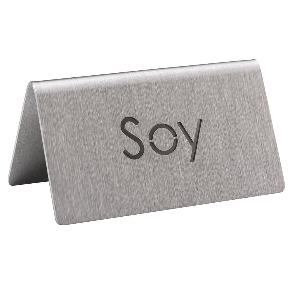 Service Ideas Soy Beverage Table Tent Sign - 3"W x 1 1/2"H, Brushed Stainless (1C-BF-SOY-MOD)