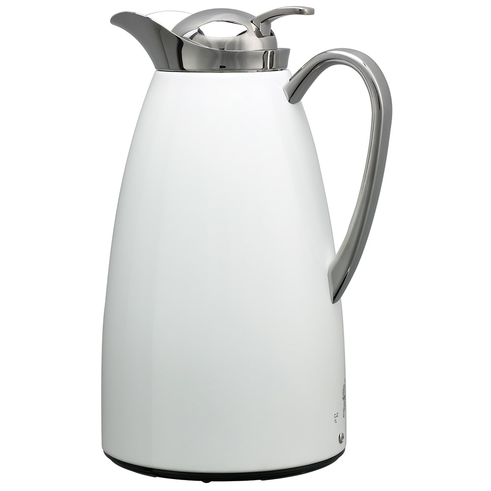 Service Ideas 1 liter Vacuum Carafe w/ Push Button Lid & Glass Liner - Stainless w/ White Finish (CJZ1WHT)