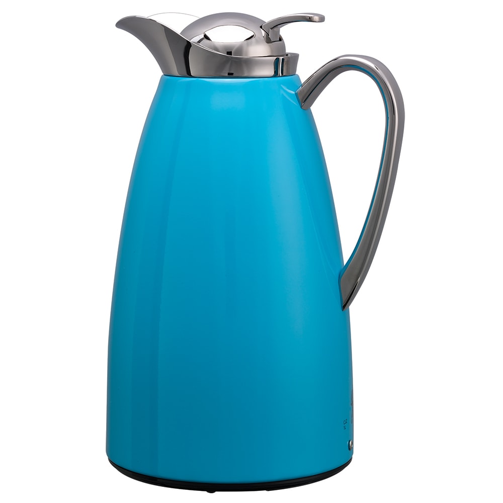 Service Ideas 1 liter Vacuum Carafe w/ Push Button Lid & Stainless Liner - Stainless w/ Blue Finish (CJZS1BLU)