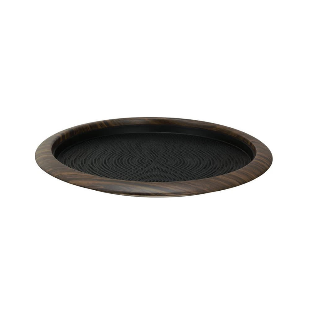 Service Ideas 14" Round Non Slip Serving Tray - Stainless Steel, Dark Wood (TR1412RIDW)
