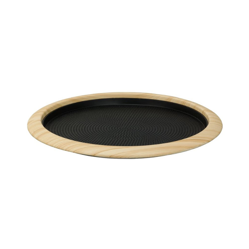 Service Ideas 14" Round Non Slip Serving Tray - Stainless Steel, Light Wood (TR1412RILW)