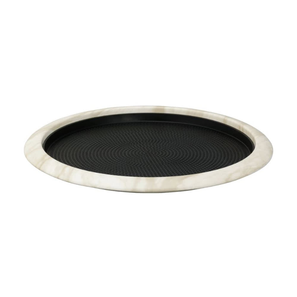 Service Ideas 14" Round Non Slip Serving Tray - Stainless Steel, White Marble (TR1412RIWM)