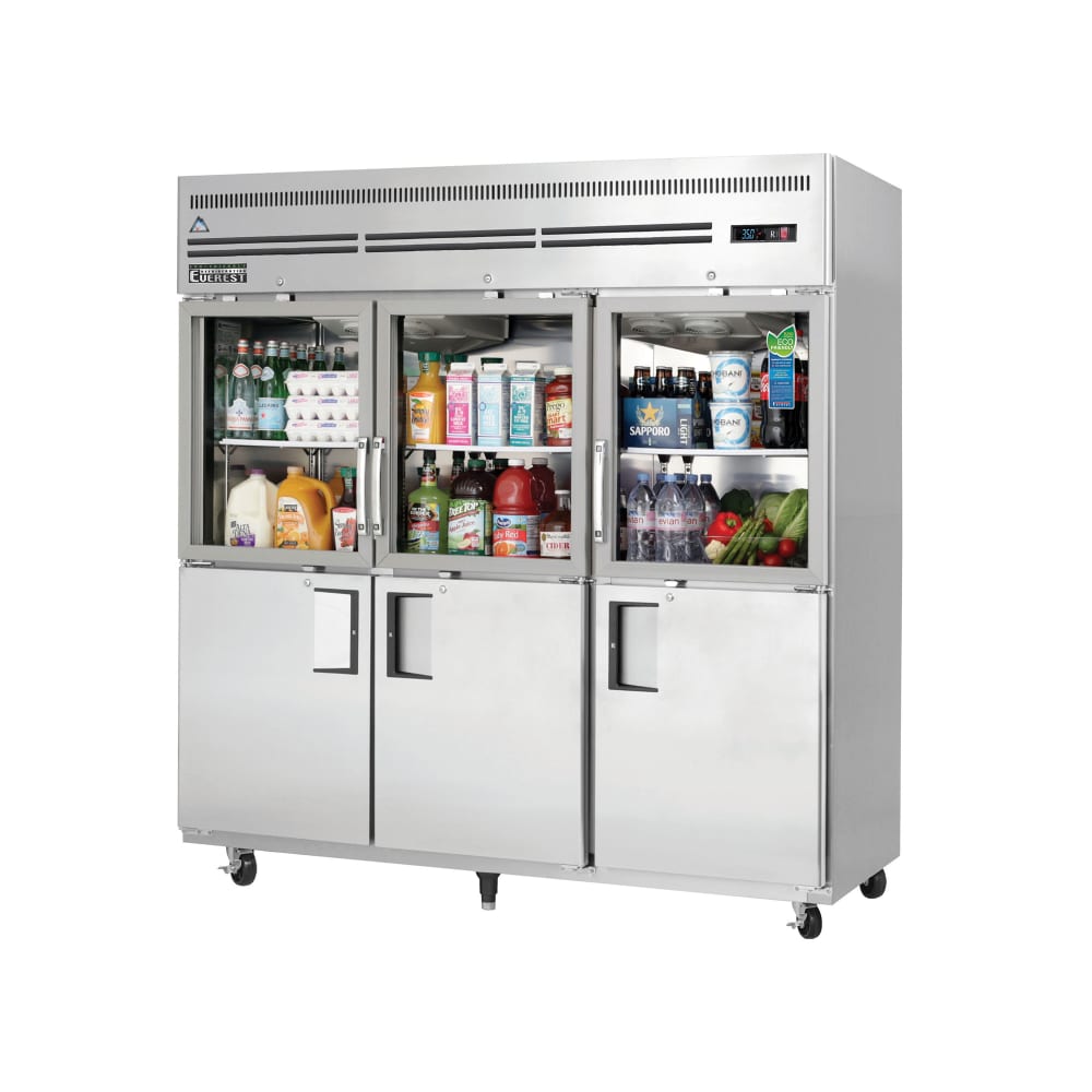Everest Refrigeration EGSH6 74 3/4" Three Section Reach In Refrigerator, 3 Glass Doors, 3 Solid Doors, Left/Right Hinge, 115v