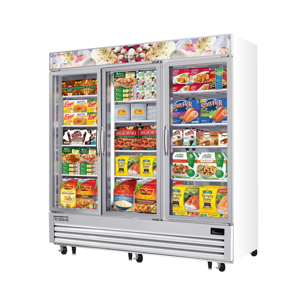 Everest Refrigeration EMGF69 74 3/4" Three Section Display Freezer w/ Swing Door - Bottom Mount Compressor, White, 115v