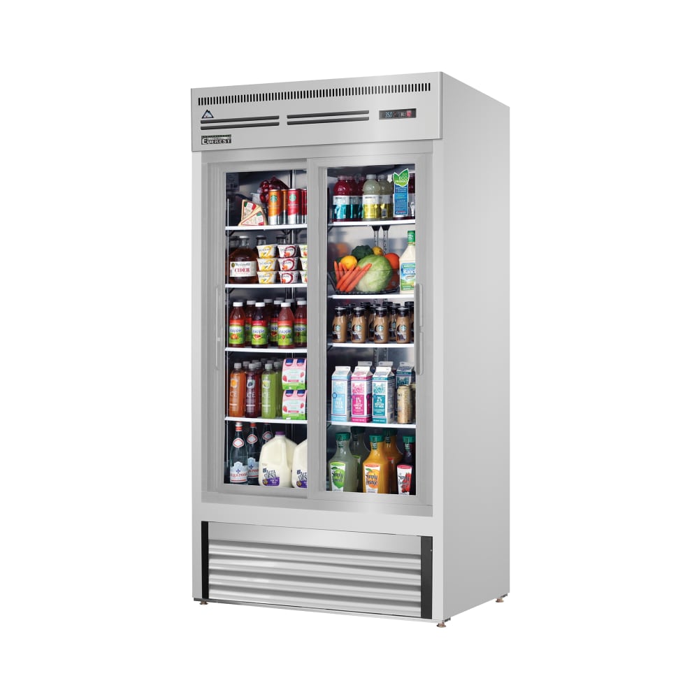 Everest Refrigeration EMGR33-SS 39 3/8" EM Series Two Section Glass Door Merchandiser - (2) Sliding Doors, Stainless, Silver, 115v