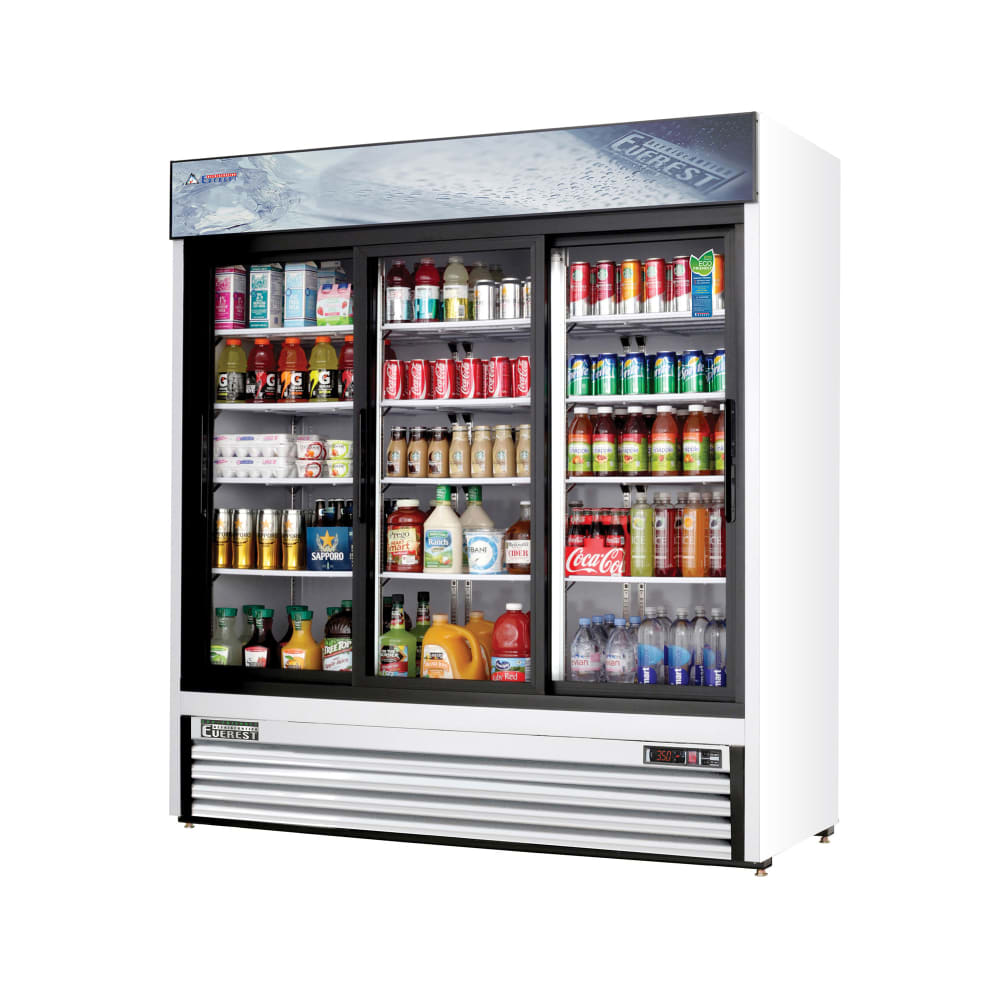 Everest Refrigeration EMGR69 72 7/8" EM Series Three Section Glass Door Merchandiser - (3) Sliding Doors, White, 115v