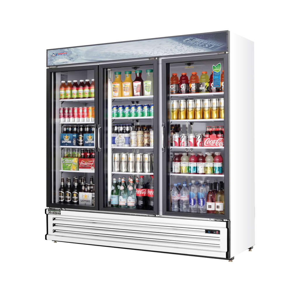 Everest Refrigeration EMSGR69 72 7/8" EM Series Three Section Glass Door Merchandiser - (3) Left/Right Hinge Doors, White, 115v