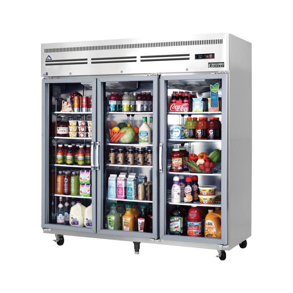 Everest Refrigeration ESGR3A 74 3/4" Three Section Reach In Refrigerator, (3) Left/Right Hinge Glass Doors, 115v