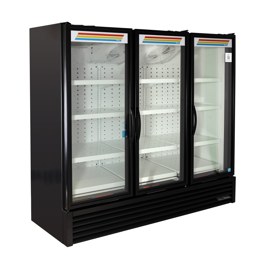 True FLM-81~TSL01 80 3/4" FLM Series Three Section Glass Door Merchandiser - (3) Left/Right Hinge Doors, Black, 115v