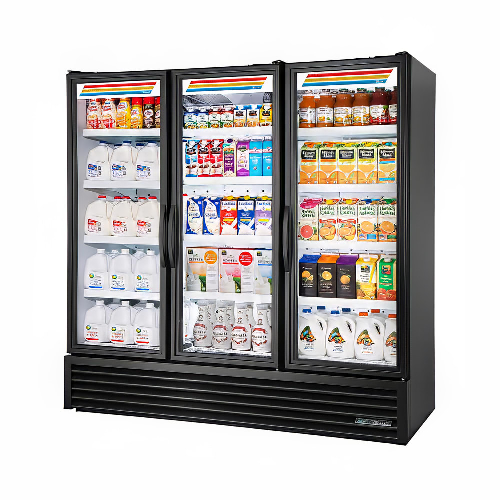 True FLM-81~TSL01 80 3/4" FLM Series Three Section Glass Door Merchandiser - (3) Right Hinge Doors, Black, 115v
