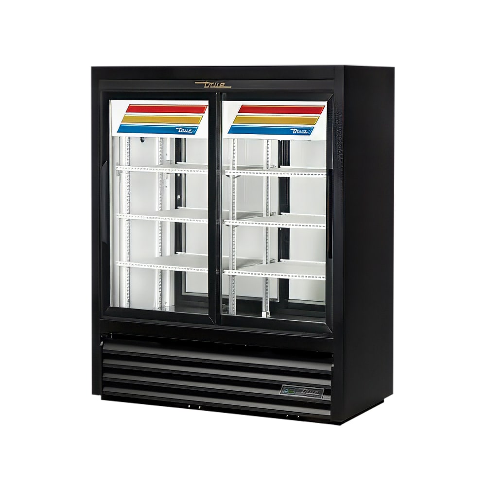 True GDM-41CPT-48-HC-LD 48" GDM Series Two Section Pass Thru Glass Door Merchandiser - (2) Sliding Doors, Black, 115v