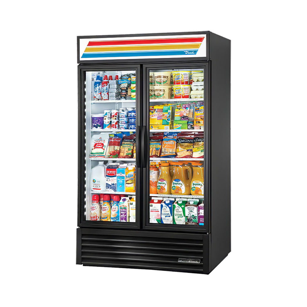 True GDM-43-HC~TSL01 47 1/8" GDM Series Two Section Glass Door Merchandiser - (2) Left/Right Hinge Doors, Black, 115v