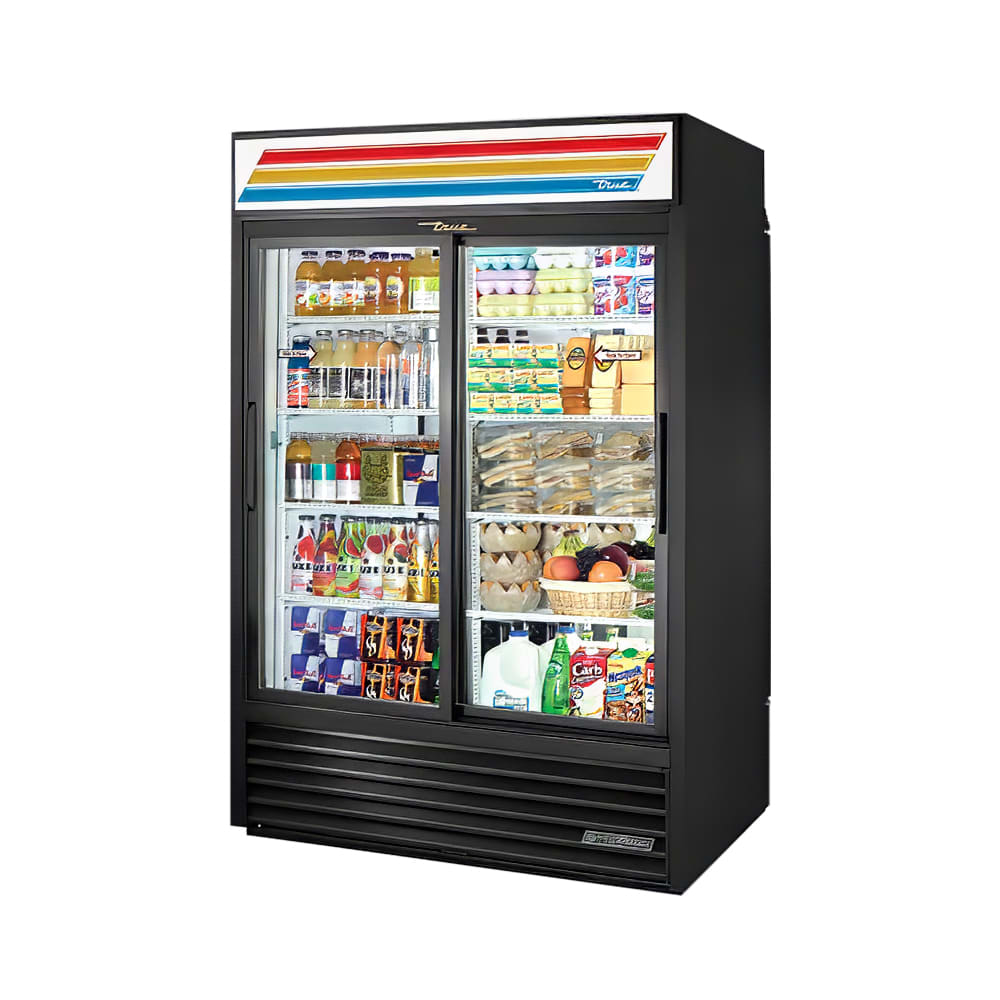 True GDM-47RL-HC-LD 54 1/8" GDM Series Two Section Pass Thru Glass Door Merchandiser - (2) Sliding Doors, Black, 115v