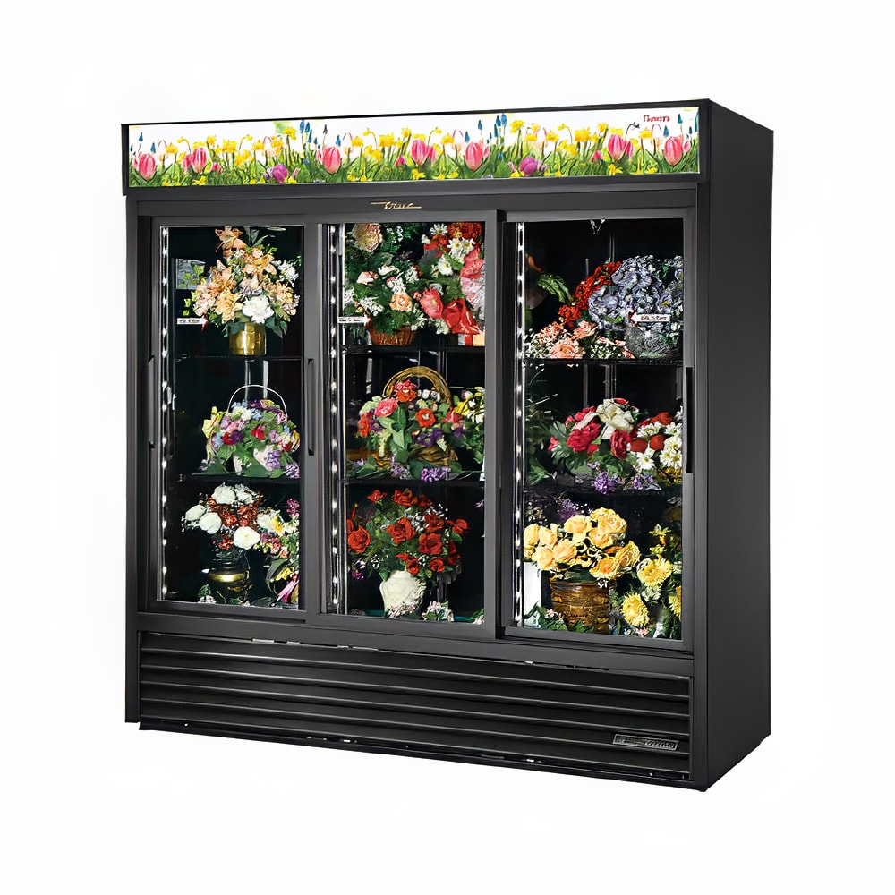 True GDM-69FC-HC-LD 3 Section Floral Cooler w/ Sliding Door - Black, 115v