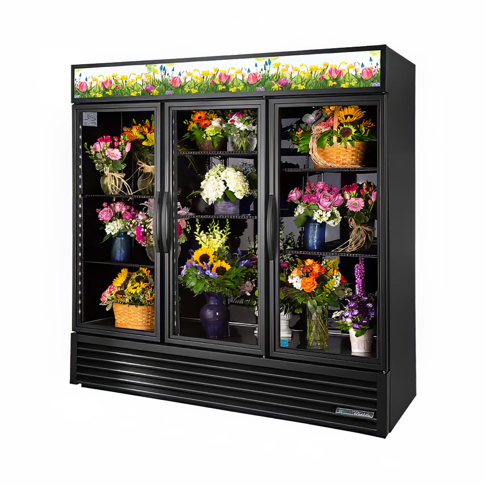 True GDM-72FC-HC~TSL01 3 Section Floral Cooler w/ Swinging Door - Black, 115v