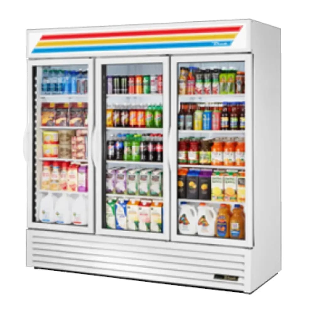 True GDM-72-HC~TSL01 78 1/8" GDM Series Three Section Glass Door Merchandiser - (3) Right Hinge Doors, White, 115v