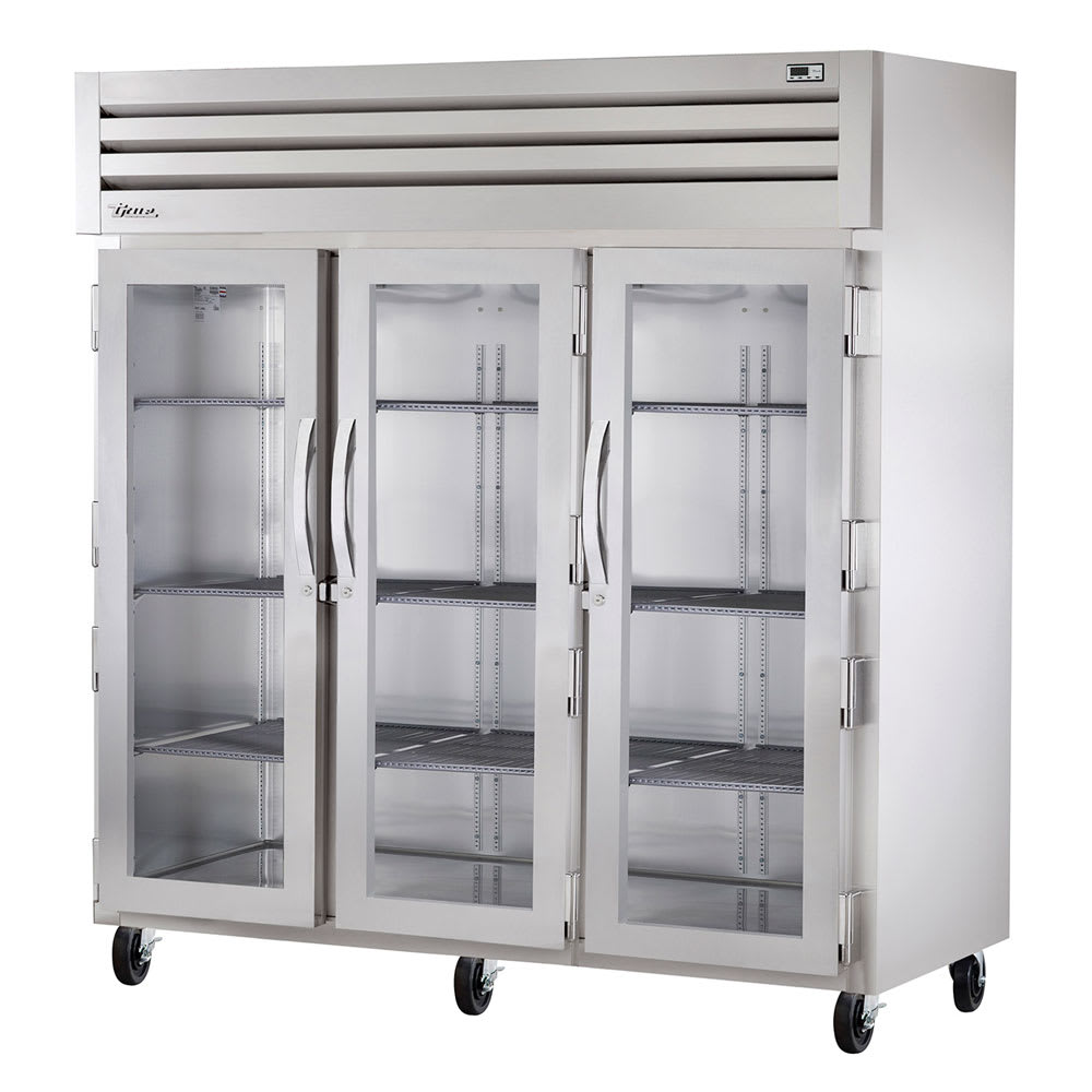 True STG3R-3G-HC 77 3/4" Three Section Reach In Refrigerator, (3) Left/Right Hinge Glass Doors, 115v