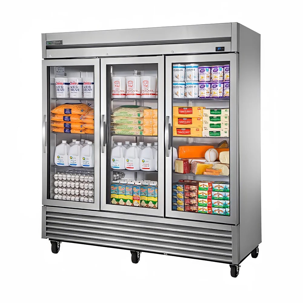True T-72G-HC~FGD01 78 1/10" Three Section Reach In Refrigerator, (3) Right Hinge Glass Doors, 115v