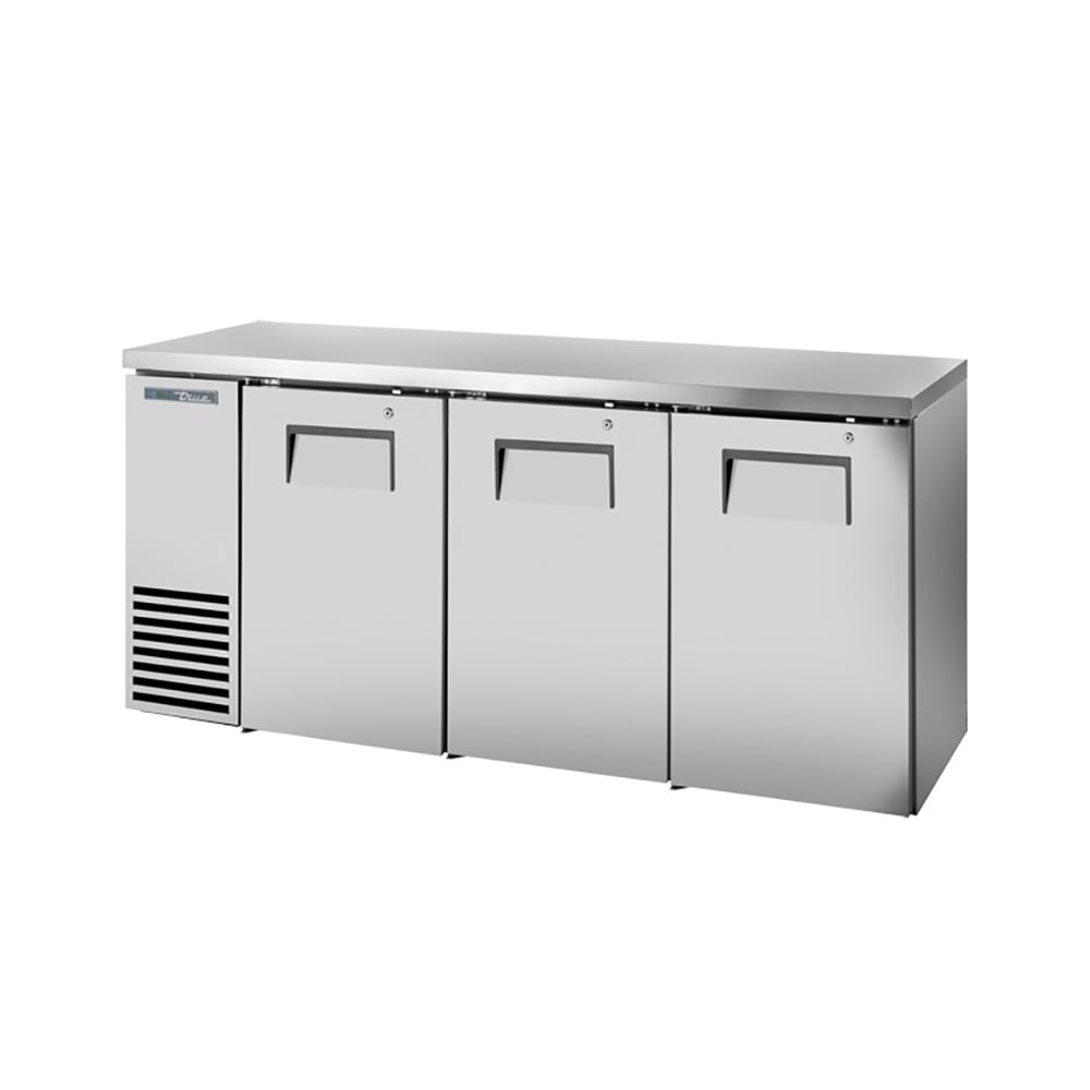 True TBB24-72-3S-Z1-SFT-S-1 72 1/8" Bar Refrigerator - 3 Swinging Solid Doors, Stainless, 115v