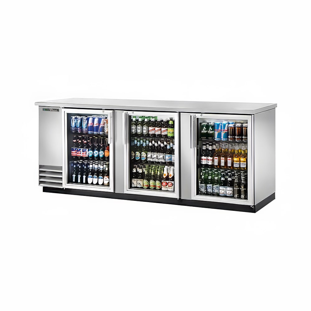 True TBB-4G-S-HC-LD 90" Bar Refrigerator - 3 Swinging Glass Doors, Stainless, 115v