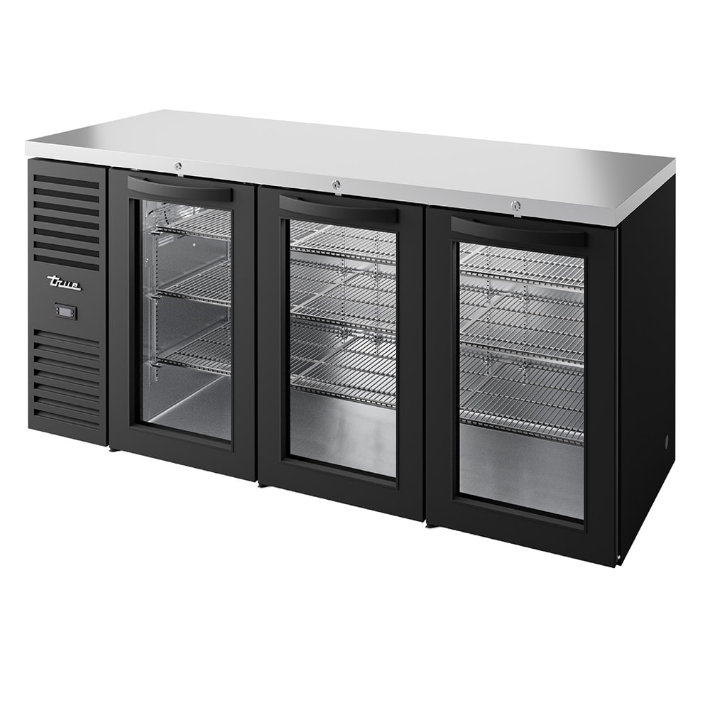 True TBR84-RISZ1-L-B-GGG-1 84" Bar Refrigerator - 3 Swinging Glass Doors, Black, 115v