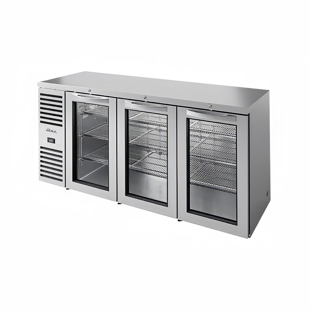 True TBR84-RISZ1-L-S-GGG-1 84" Bar Refrigerator - 3 Swinging Glass Doors, Stainless, 115v