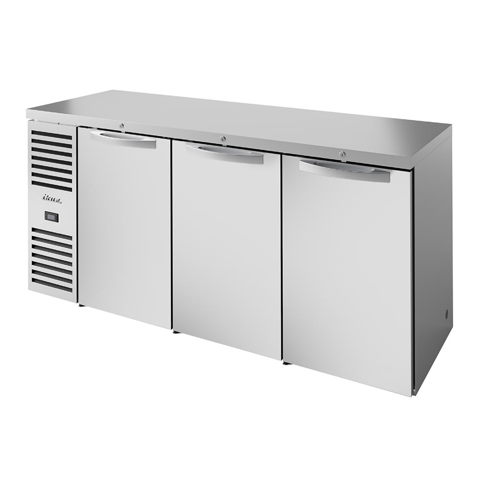 True TBR84-RISZ1-L-S-SSS-1 84" Bar Refrigerator - 3 Swinging Solid Doors, Stainless, 115v