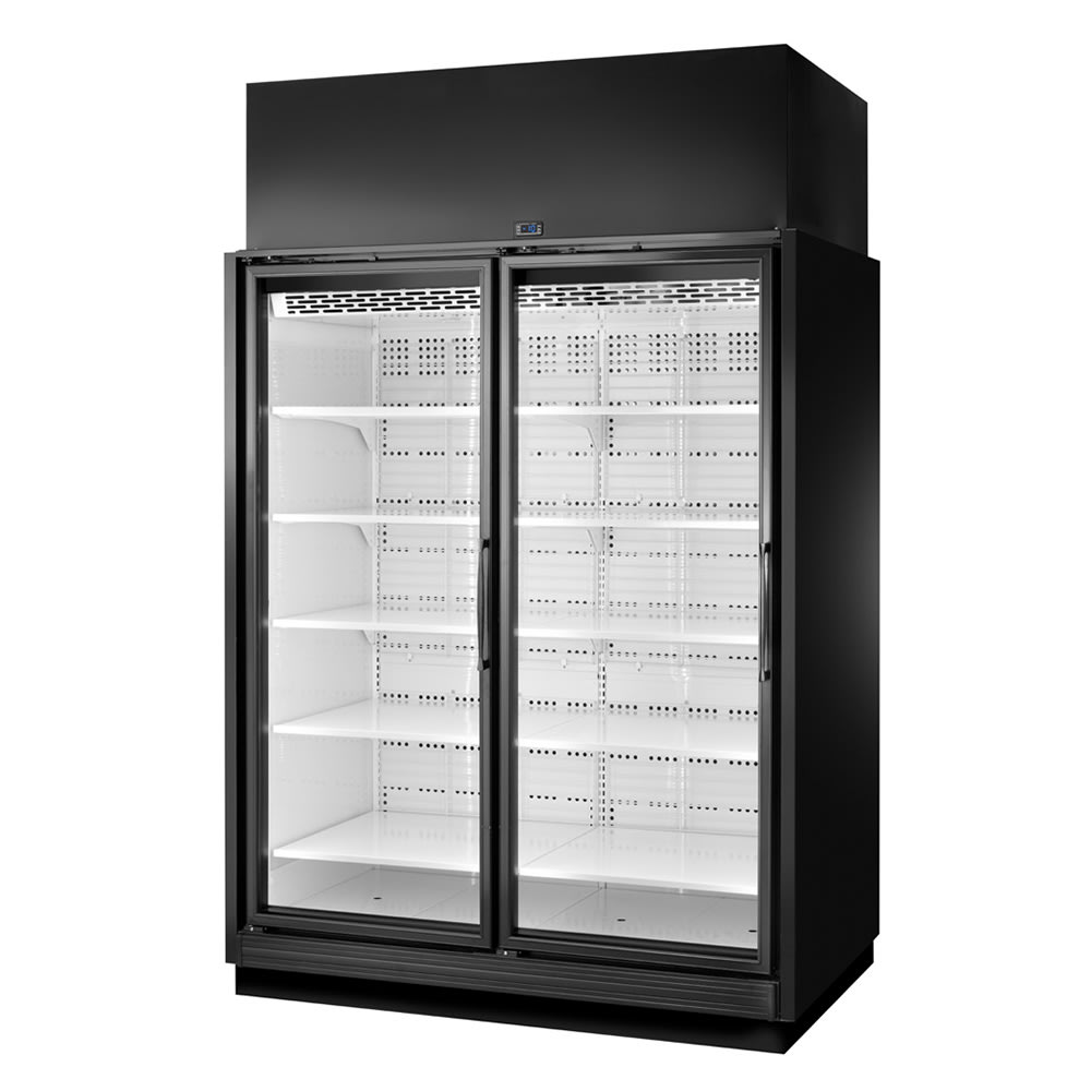 True TRM2L-BLK-WHT-1BLKLL-YN-4 66 1/2" Two Section Supermarket Glass Door Merchandiser, (2) Left Hinge Doors, Black, 208-240v