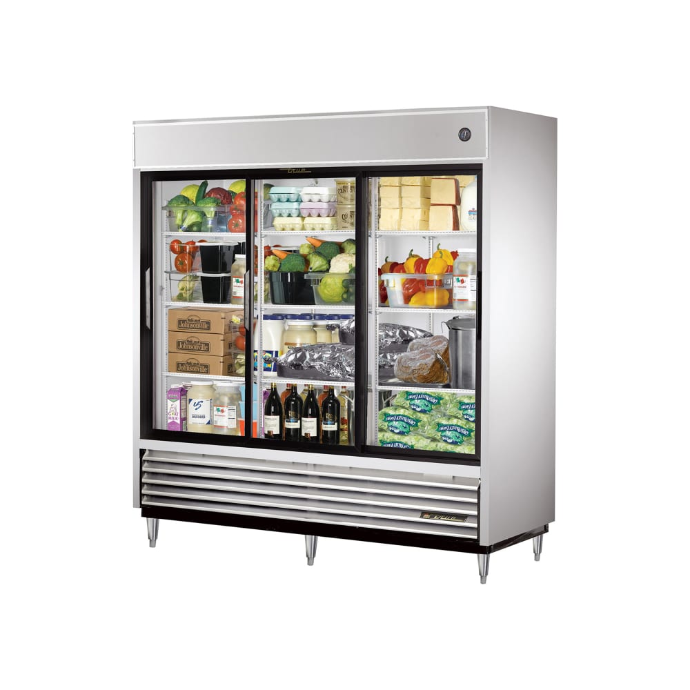 True TSD-69G-HC-LD 78 1/8" Three Section Reach In Refrigerator, (3) Sliding Glass Doors, 115v