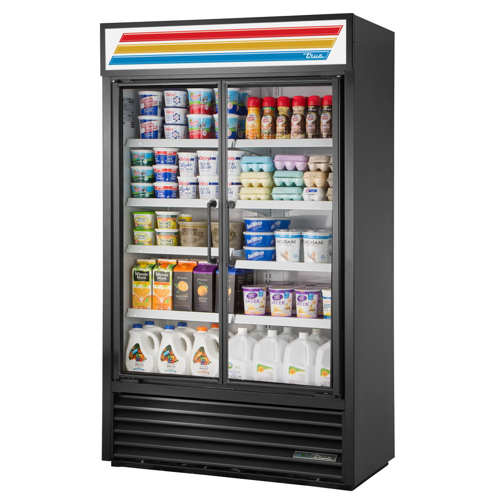 True TVM-48SL-HC~VM01 47 1/8" TVM Series Two Section Glass Door Merchandiser - (2) Left/Right Hinge Doors, Black, 115v